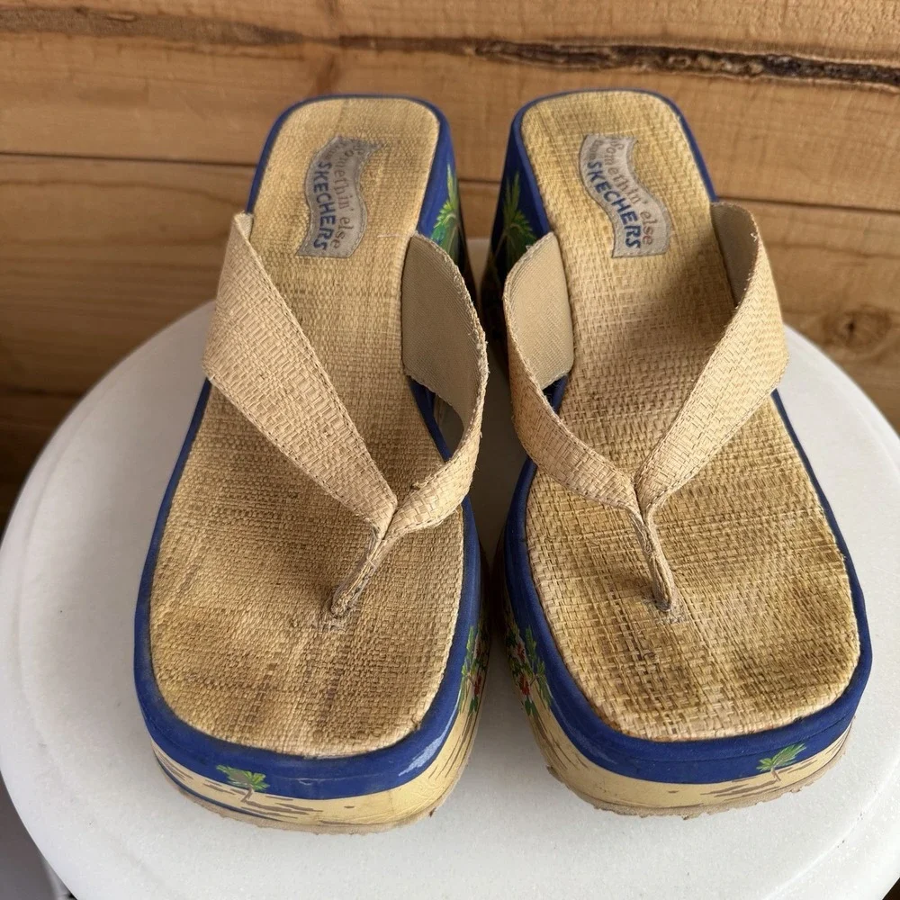 Skechers Somethin Else Wedge Chunky Y2K 90s Raffia Straw‎ Platform Sandals Sz 10